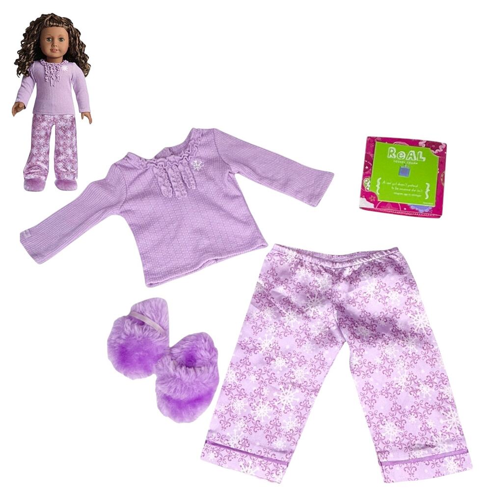 American Girl Snowflake Pajamas Slippers Doll Pjs Purple Furry Shoes Real Charm